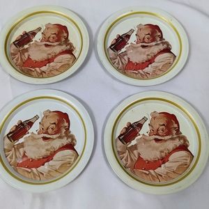 Vintage SANTA Coca Cola Tin Drink Coasters W/Gold Trim Christmas Set of 4